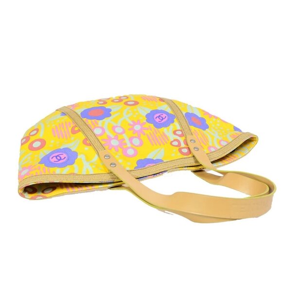 CHANEL CC High Summer Tote Bag Shoulder Canvas Leather Flower Yellow - Picture 6 of 16